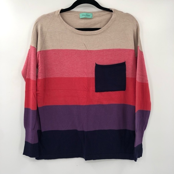 FILLY FLAIR Striped Colorblock Pocket Sweater Knit Pullover Stripes Soft Women S - Picture 2 of 8